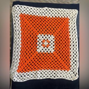 Vintage Doiley Doilie Crocheted 21" Cotton Thread Granny Square White & Orange
